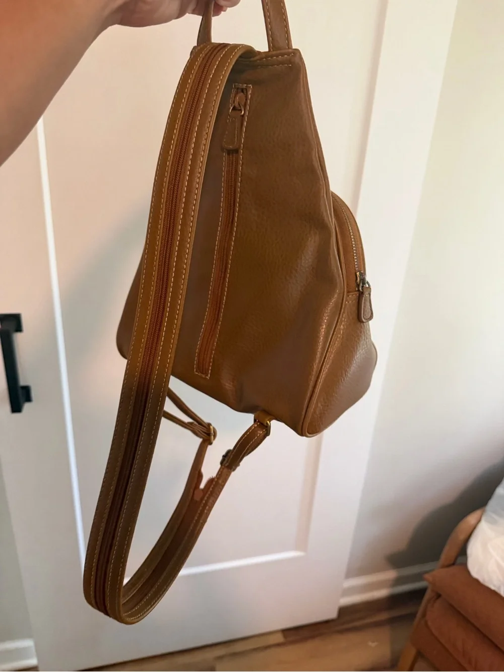Liz Claiborne Brown Leather Mini Backpack Leopard Lined Zip Bag Purse